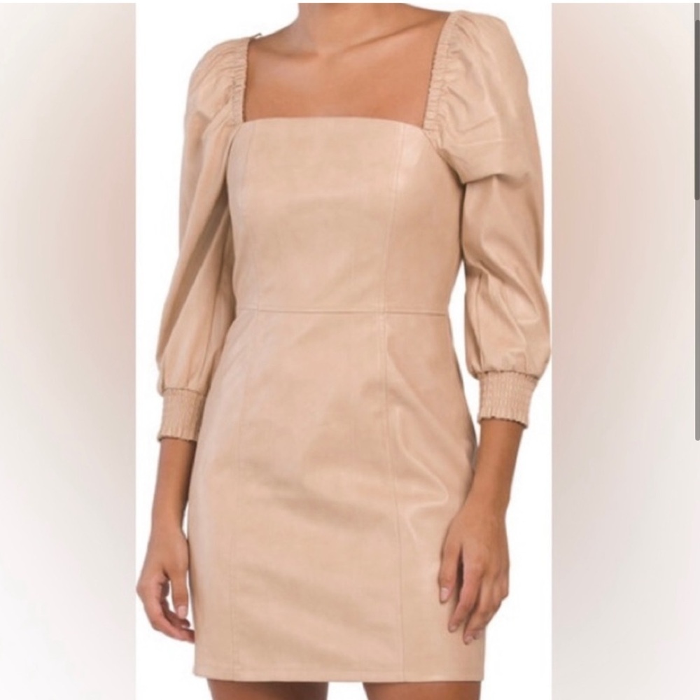 7 For All Mankind Tan Faux Leather Puff Sleeve Dress SZ L used once